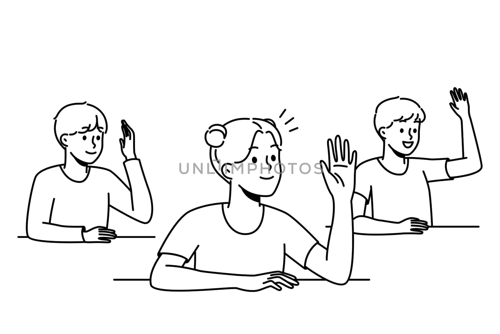 Smiling kids sit at desks at school raise hands asking or answering questions. Happy children engaged in activity in classroom. Vector illustration.