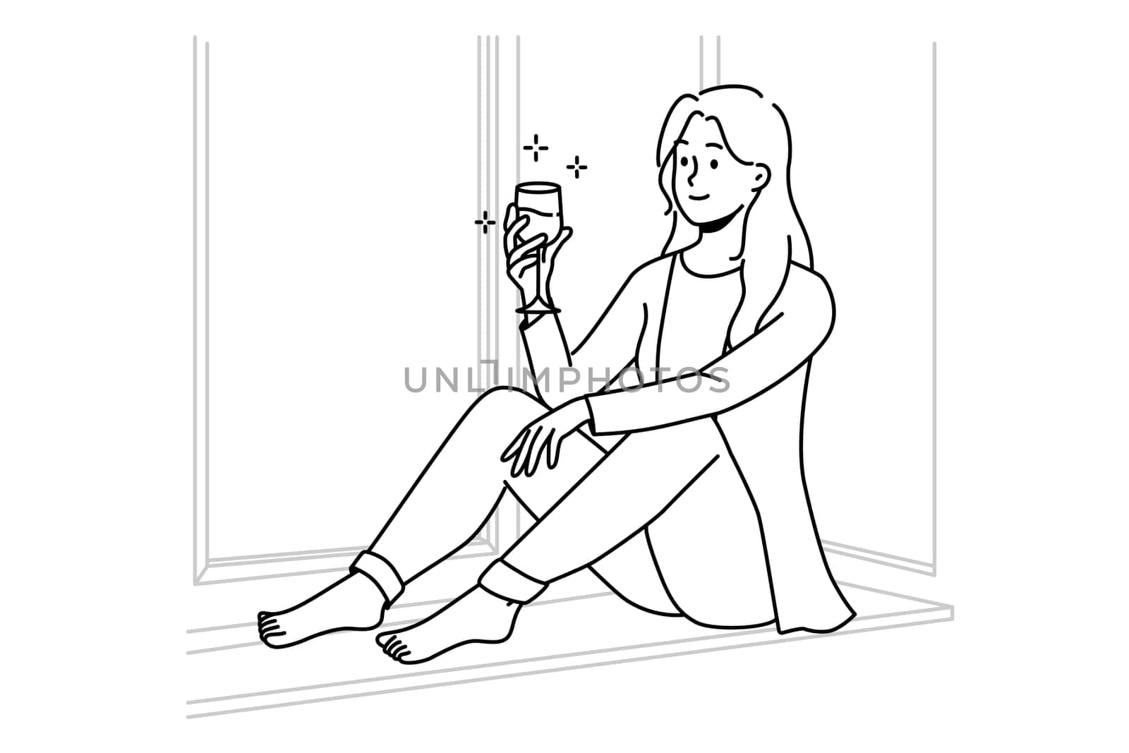 Happy young woman sit on windowsill at home relax with glass of red wine. Smiling girl rest indoors on weekend with drink. Relaxation. Vector illustration.