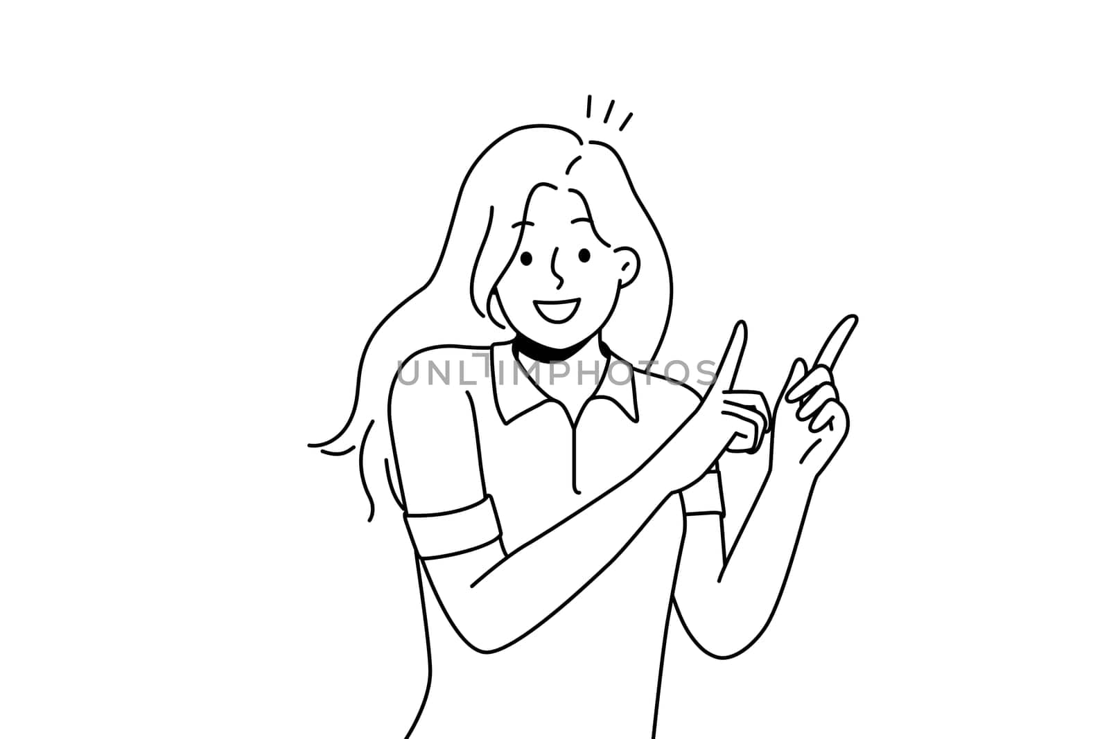 Smiling girl point up with fingers
