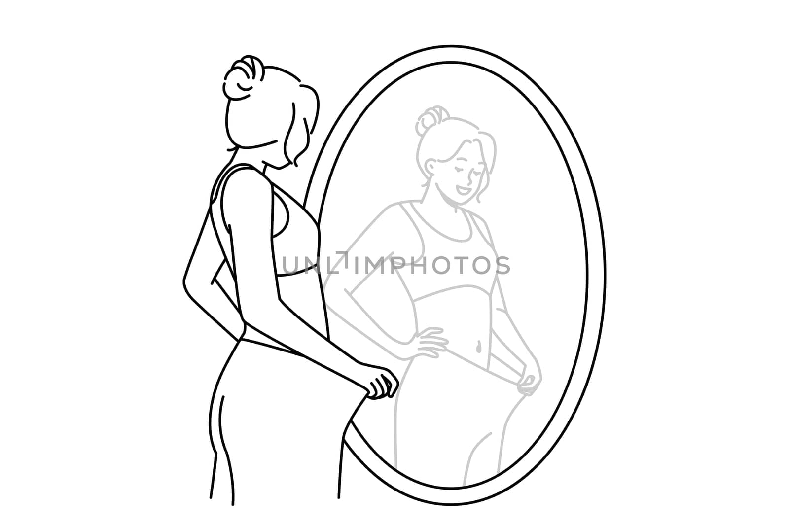 Happy young woman look in mirror see loose big trousers lose weight with sport and diet. Smiling satisfied girl weightloss journey. Vector illustration.