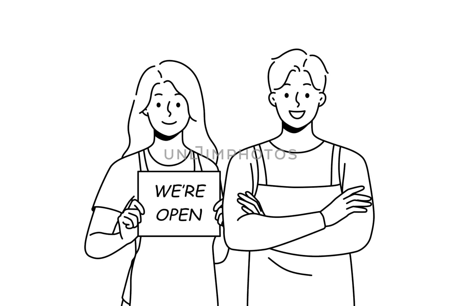 Smiling waiters in aprons hold open sign. Happy man and woman cafe staff notify about shop opening. Vector illustration.