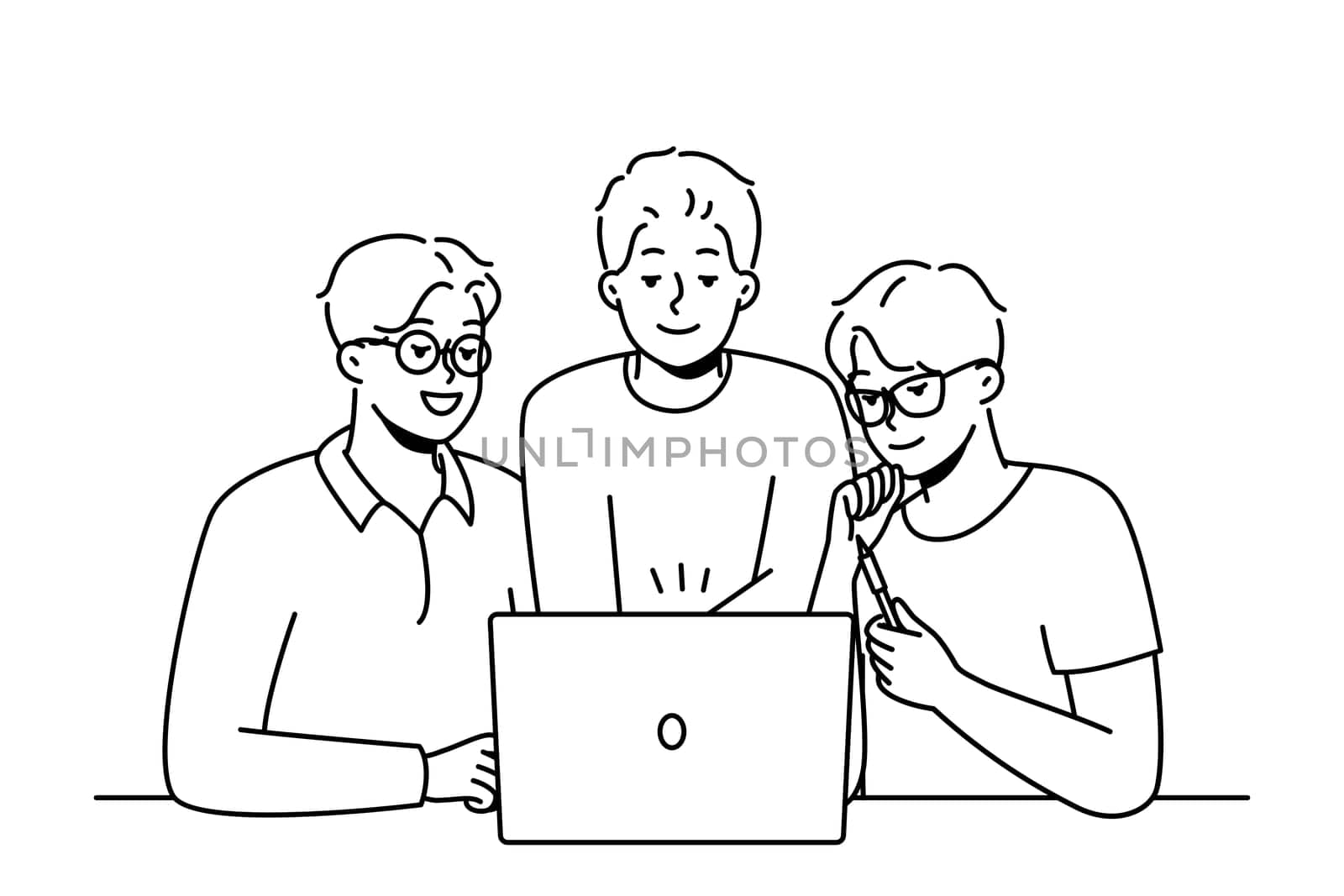 Smiling male colleagues look at computer screen brainstorming together. Happy coworkers cooperate working on laptop at workplace. Teamwork. Vector illustration.