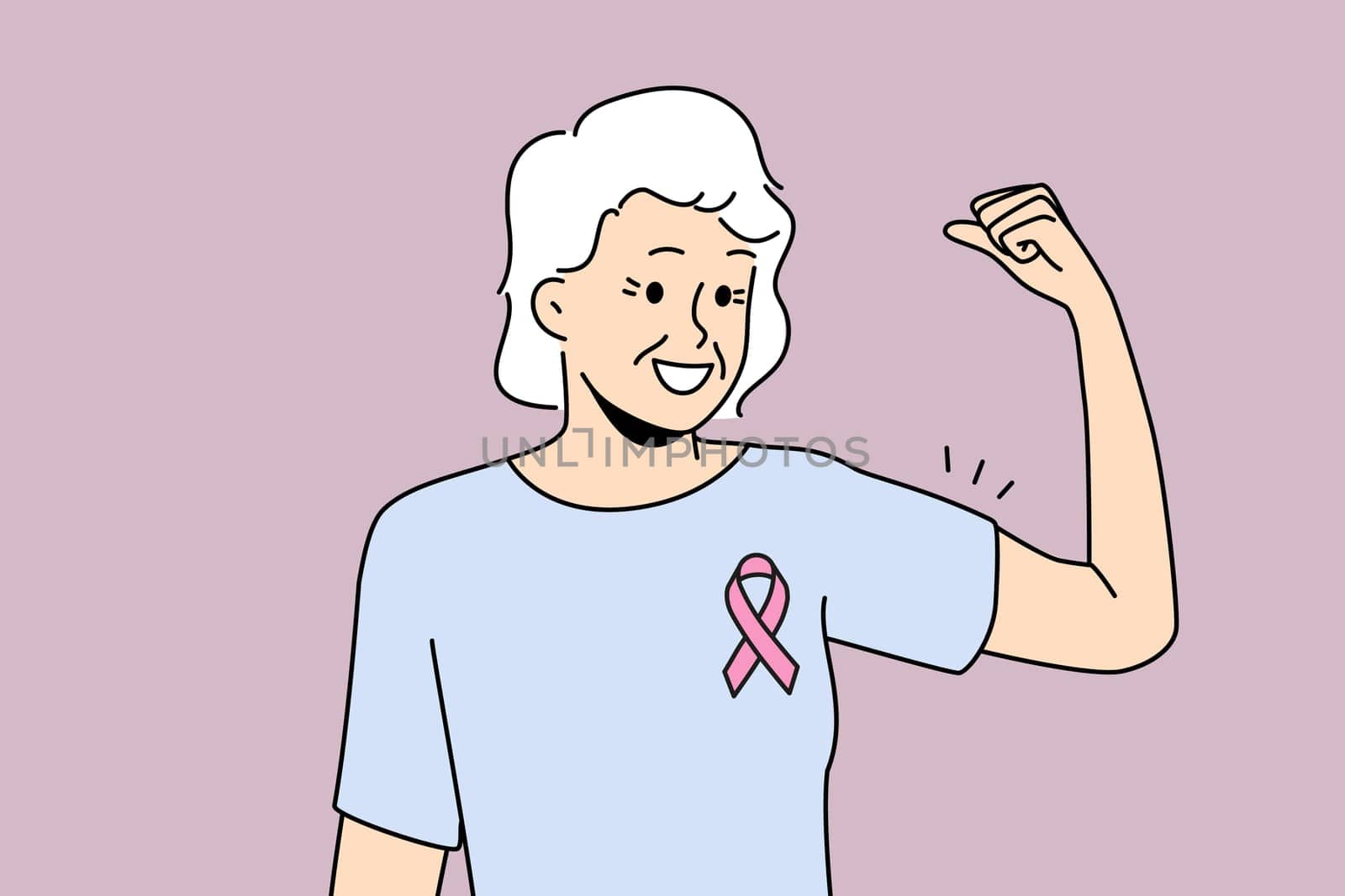 Smiling elderly woman with pink ribbon on chest feel powerful overcome breast cancer. Happy mature female survive oncology. Healthcare. Vector illustration.