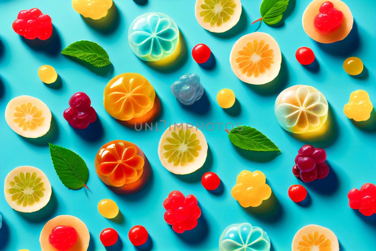 assorted jelly gum fruit candy on blue background top view. Generative AI.