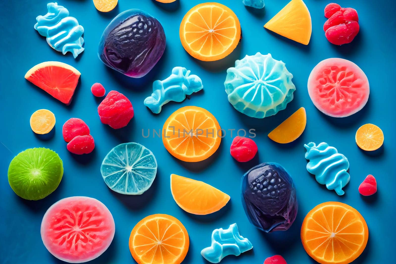 assorted jelly gum fruit candy on blue background top view. Generative AI.