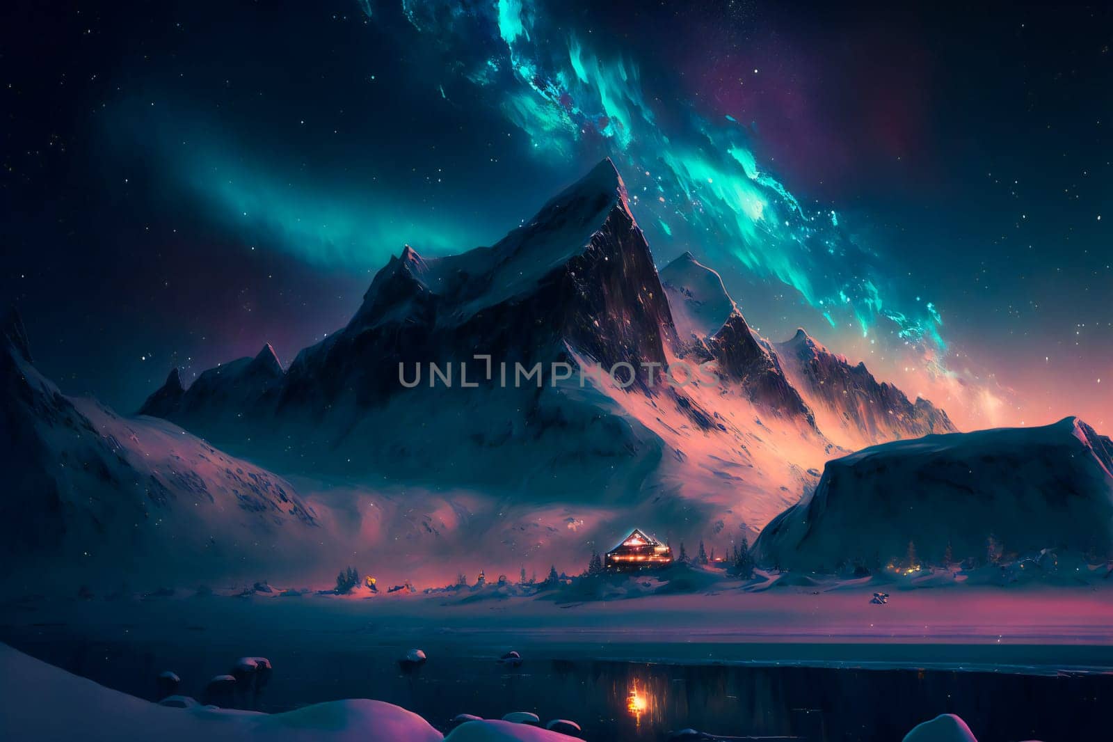 Winter landscape with aurora reflected in water.  Generative AI.