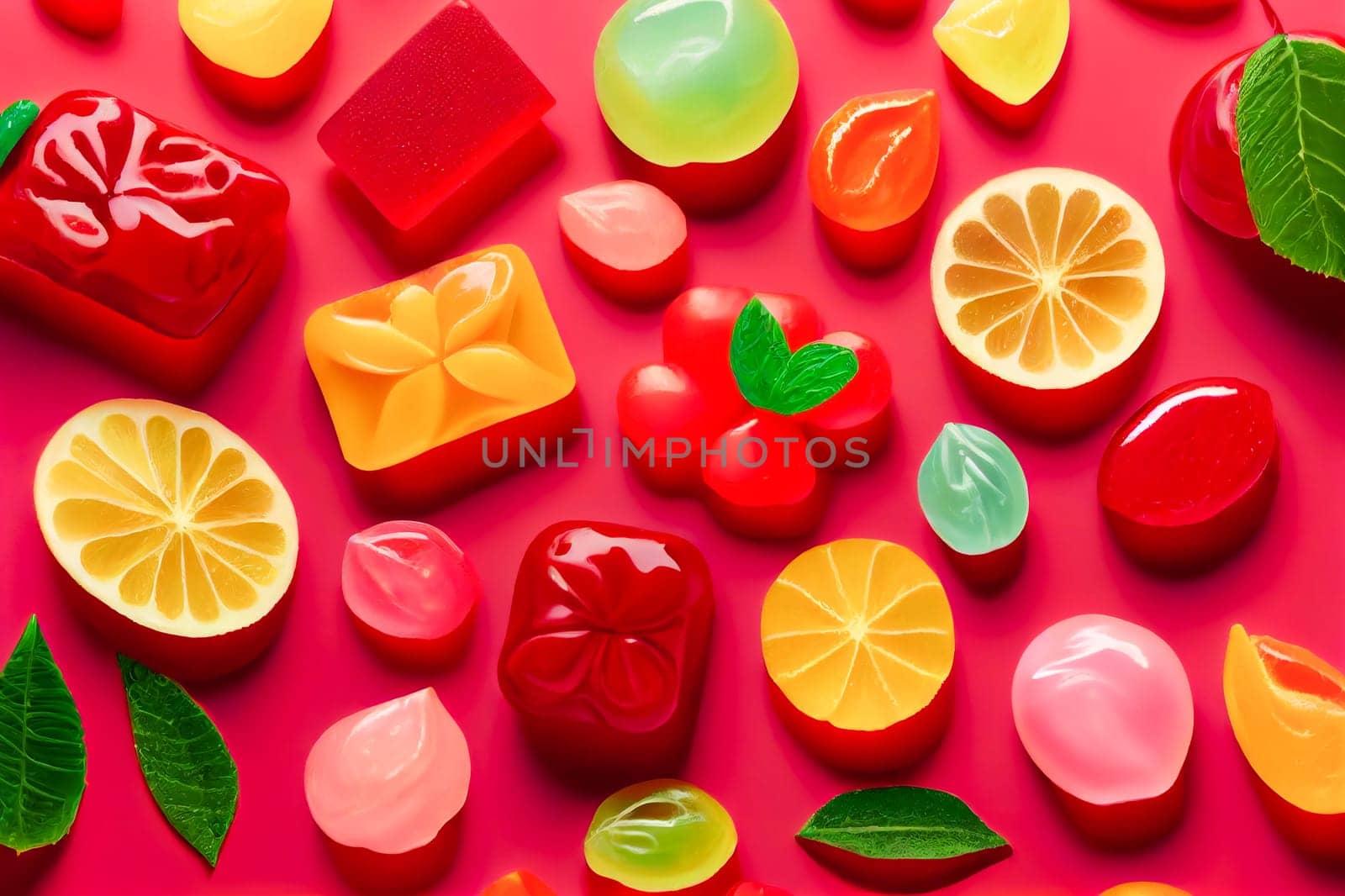 assorted jelly gum fruit candy on red background top view. Generative AI.