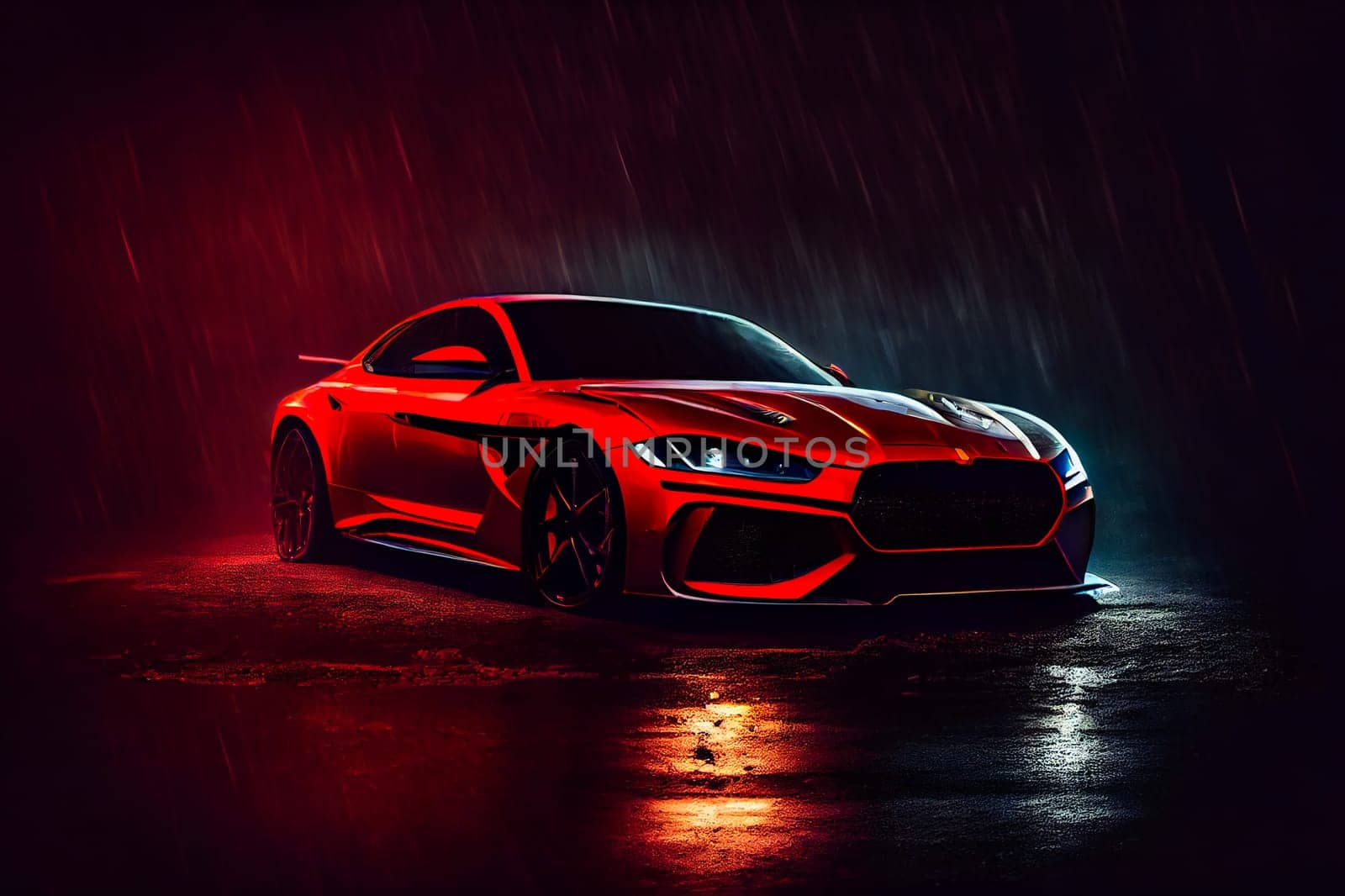 Red fast sports car.  Futuristic sports car  concept.  Generative AI.