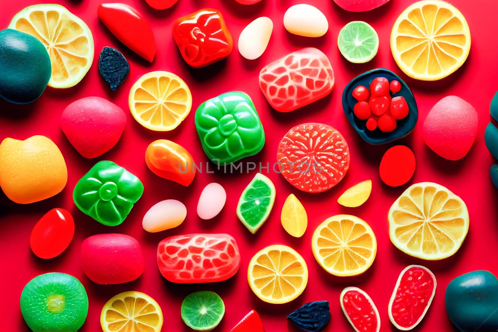 assorted jelly gum fruit candy on red background top view. Generative AI.