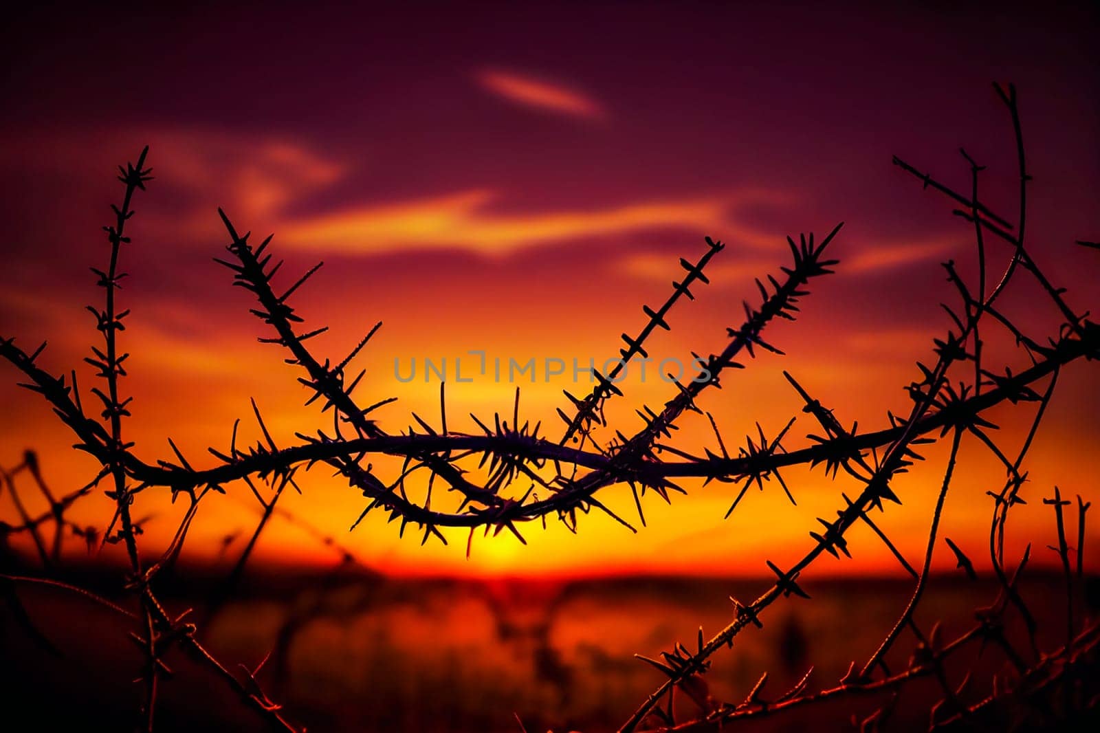 Barbed Wire On Sunset Sky Background.  Generative AI.