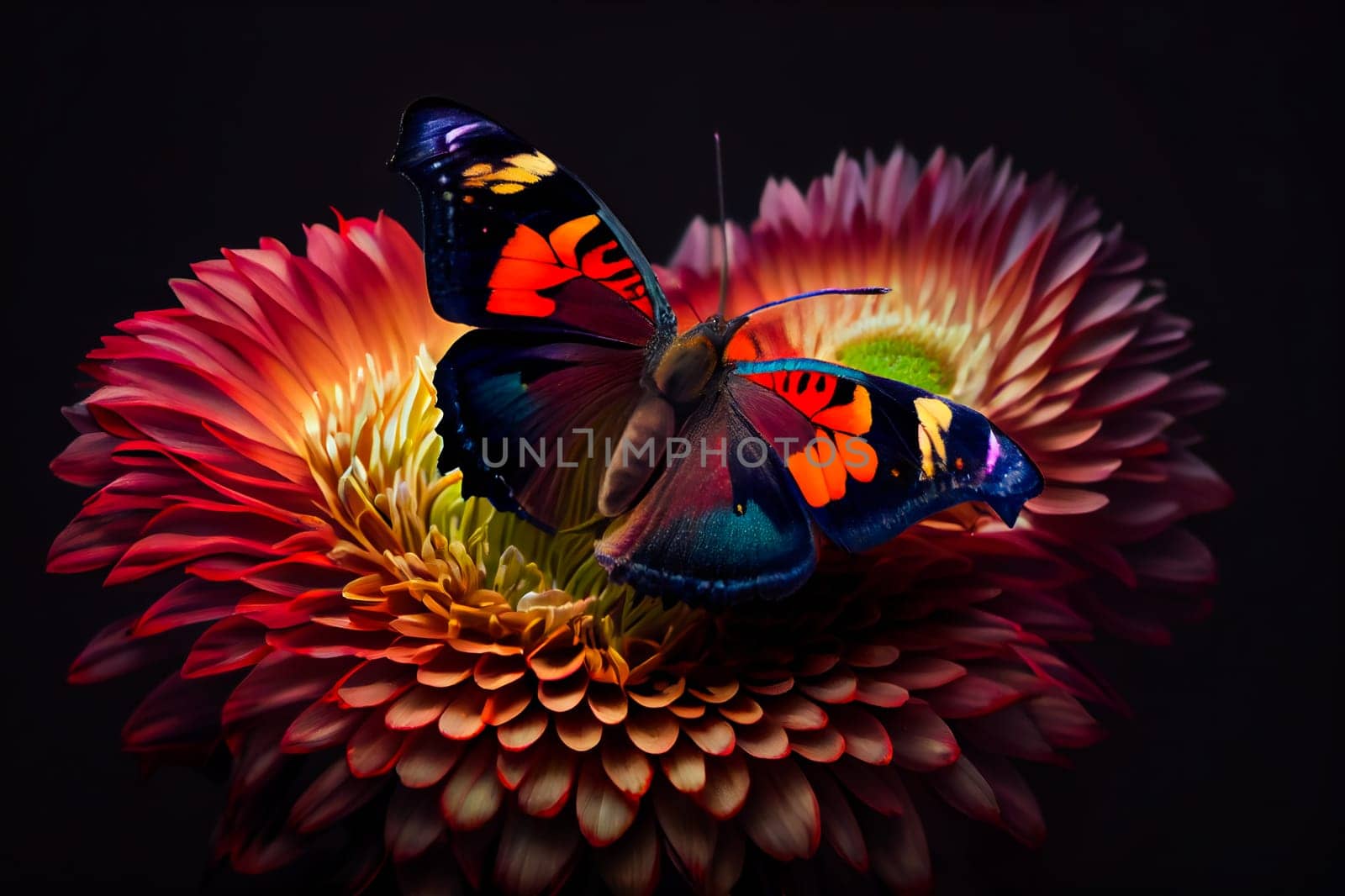 Beautiful butterfly on a flower on a black background.  Generative AI.