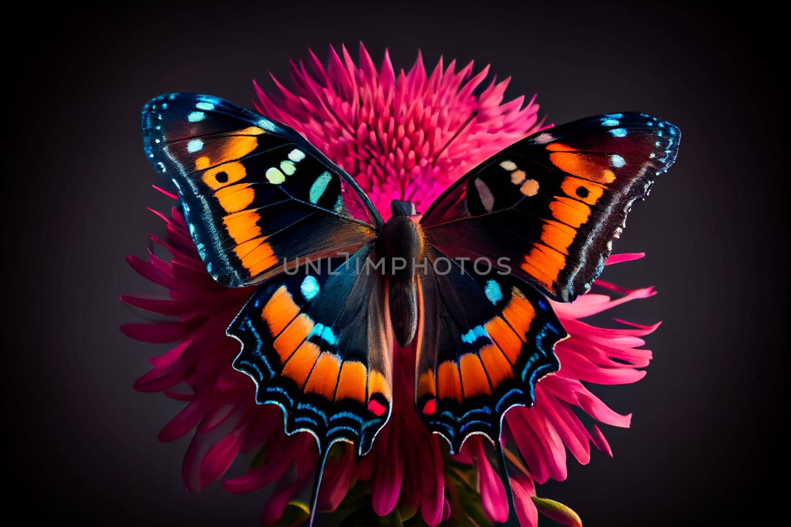 Beautiful butterfly on a flower on a black background.  Generative AI.