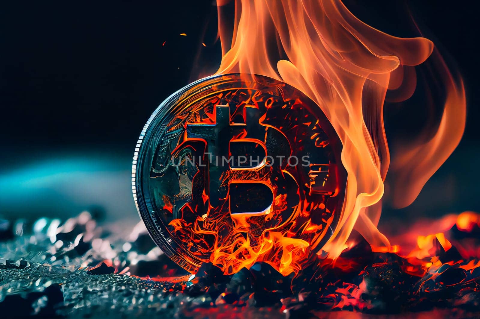 Bitcoin crypto currency burning under fire.  Generative AI.