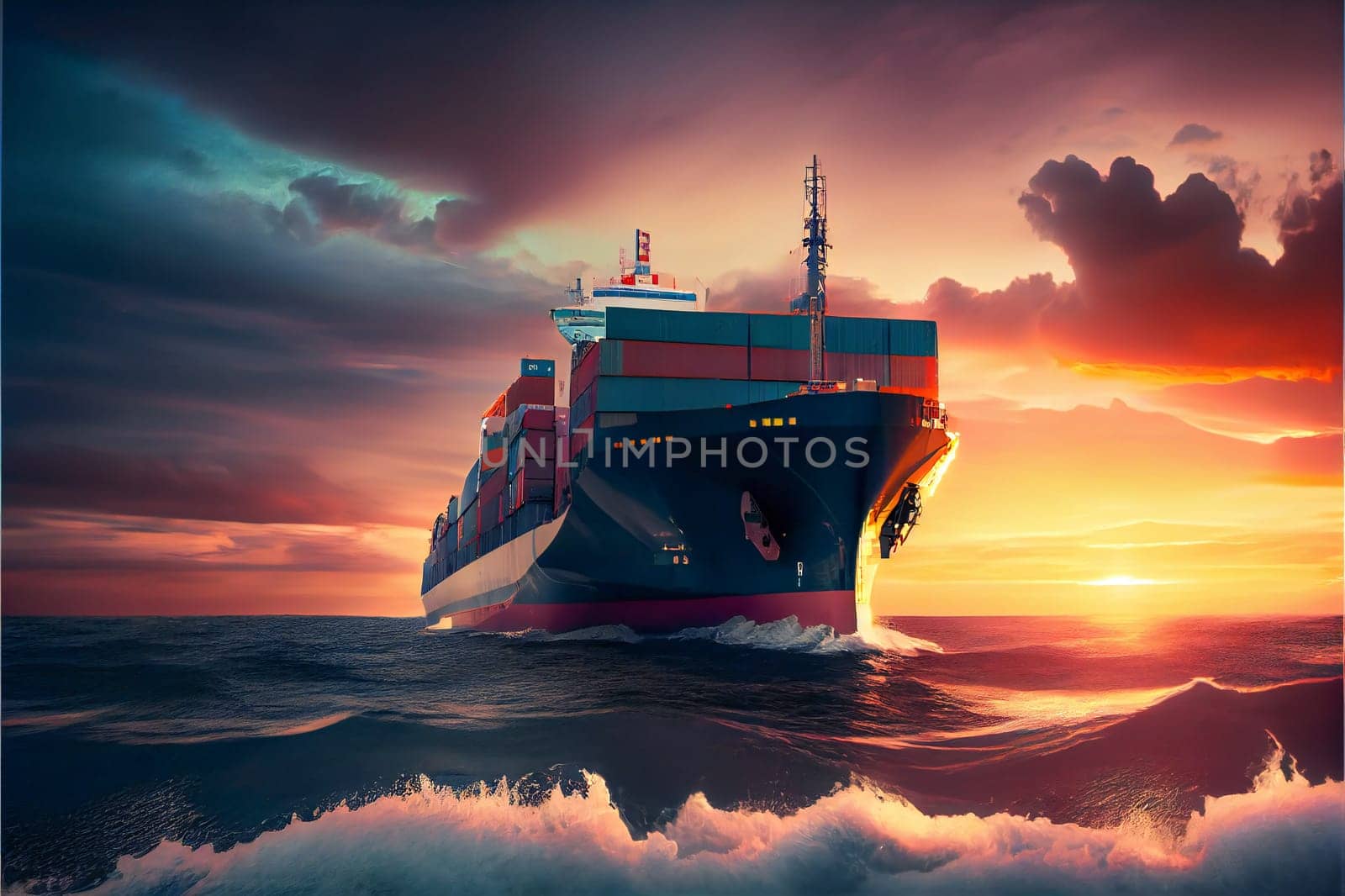 Cargo Ship Sailing In To The Sea.  Generative AI.