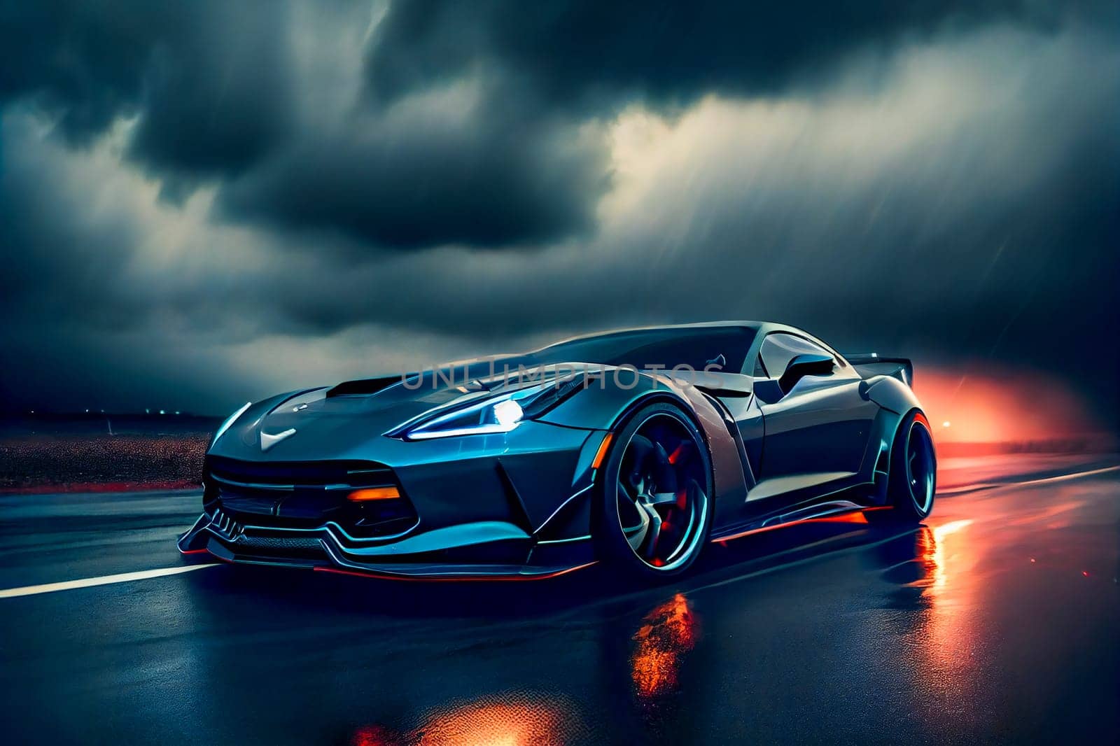 Futuristic sports car on drak dramatic cloudy environment.  car riding on high speed in the night.  Generative AI.