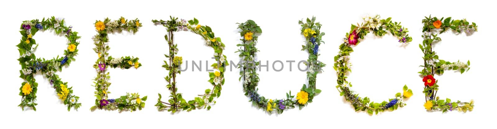 Blooming Flower Letters Building English Word Reduce. Summer And Spring Season Blossoms And Flower Lei.