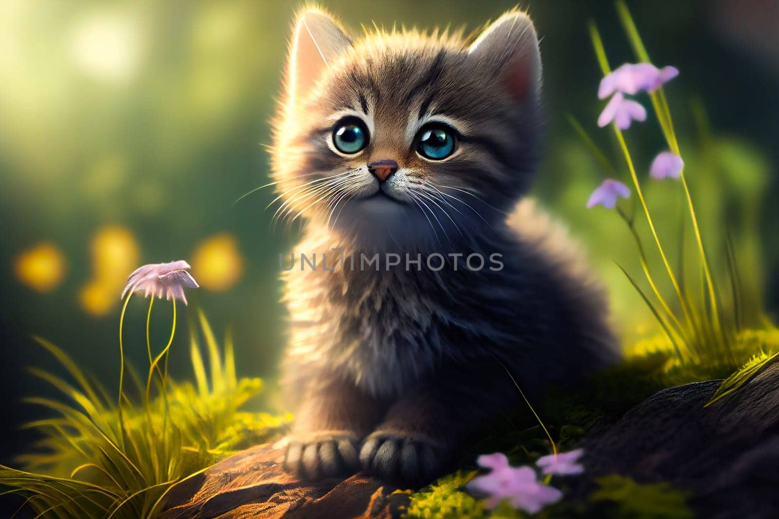 Little kitten in grass and flowers.  Generative AI.