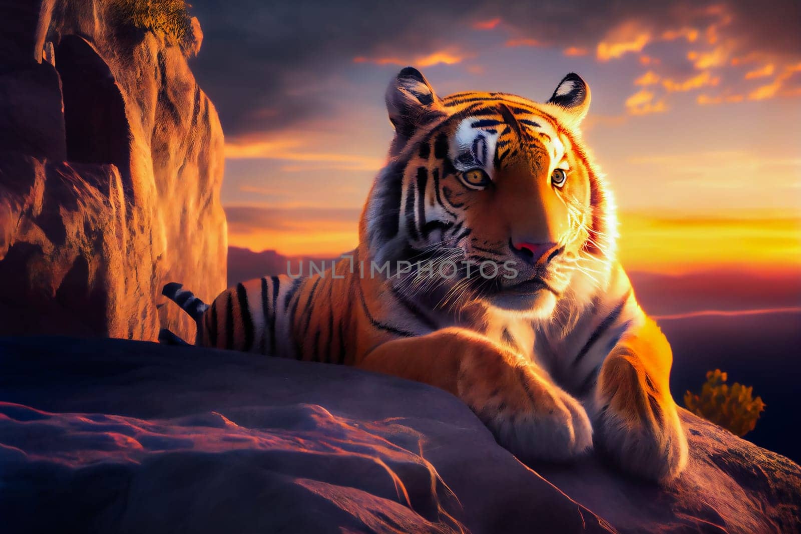 Portrait of a Tiger at Sunset.  Generative AI.