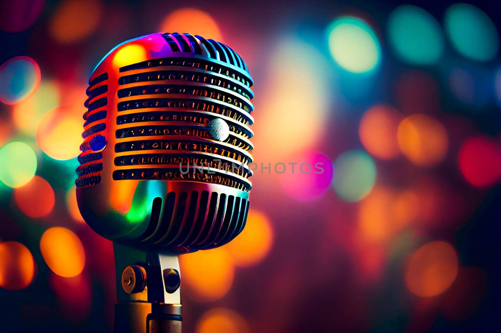 Retro Microphone On Stage With Bokeh Light.  Generative AI.