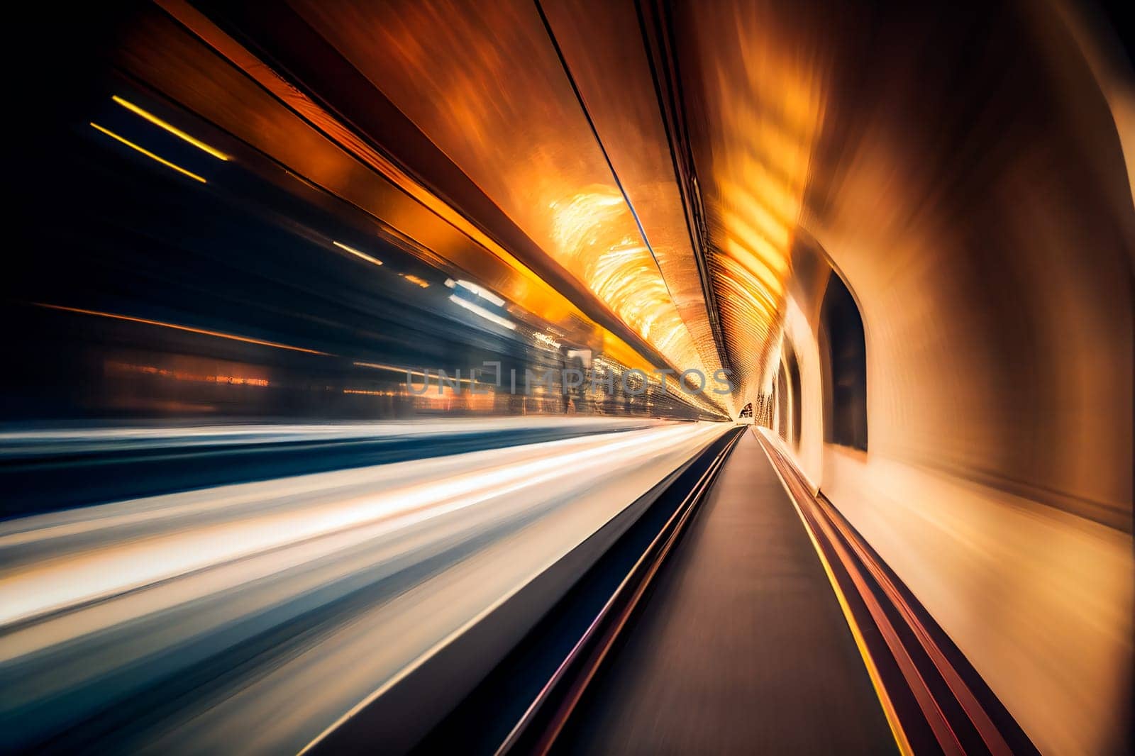 Inside view of Motion blurred underground.  Generative AI.