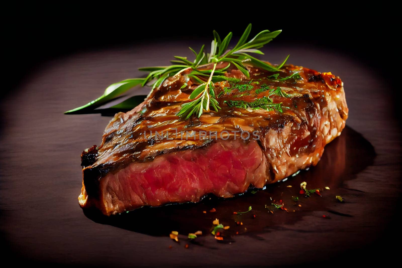 Steak on wooden board. Generative AI.