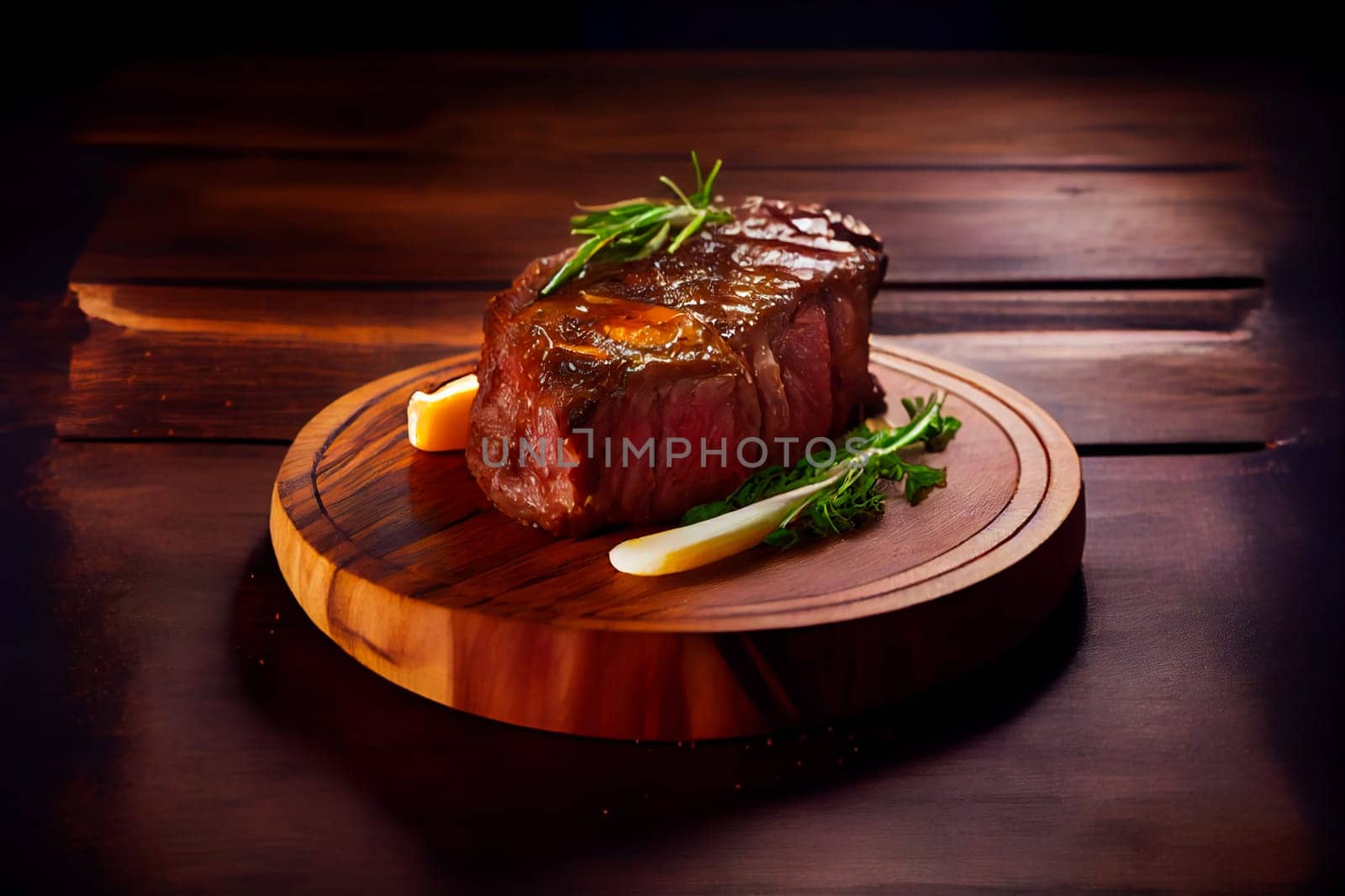 Steak on wooden board. Generative AI.