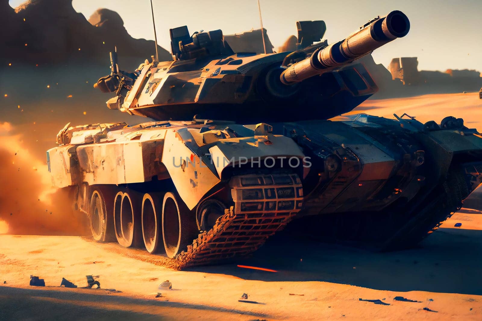 Shooting tank in war environment.  Military Tank on Battlefield.  Generative AI.