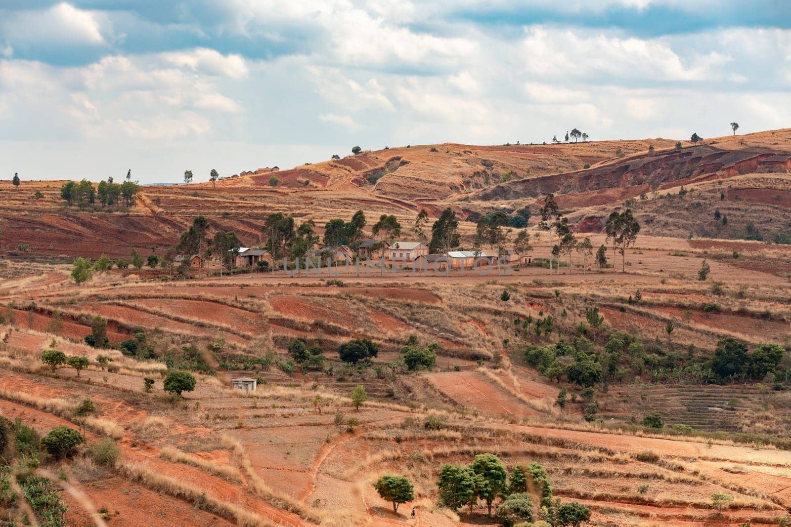 Devastated central Madagascar landscape, Mandoto, Vakinankaratra. Highland deforested countryside. Deforestation creates agricultural pastoral land but also result ecology problem with soil and water.
