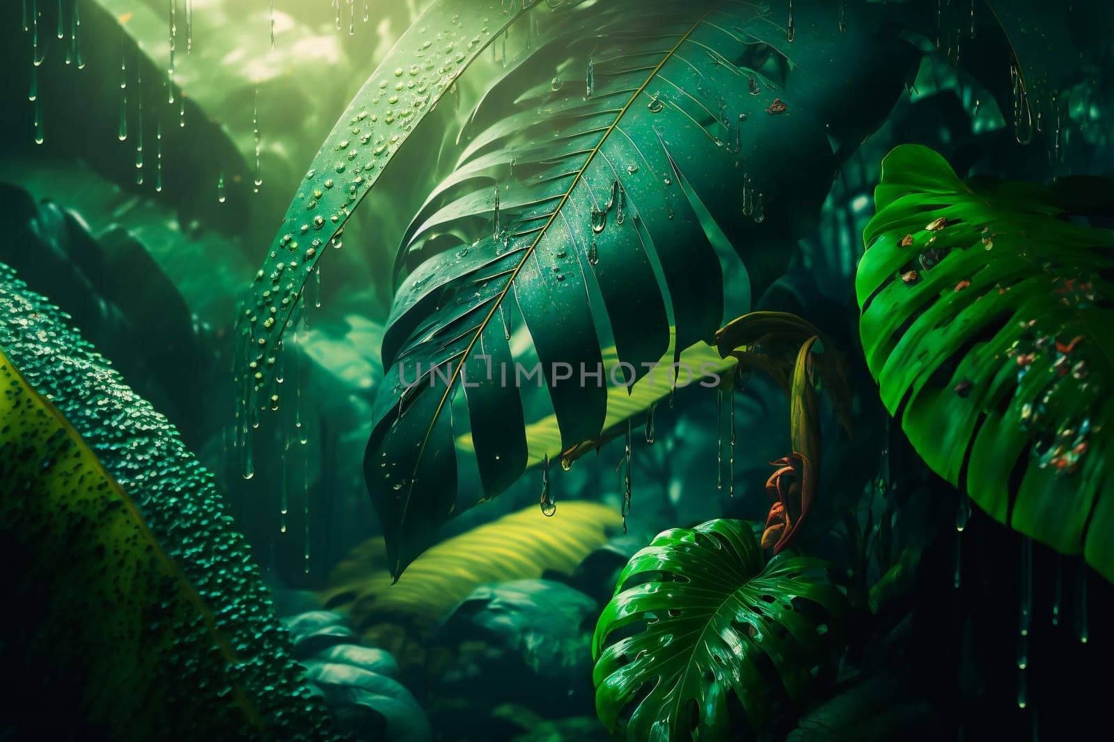 Tropical Rainforest Landscape background. Tropical jungle palms. Generative AI .