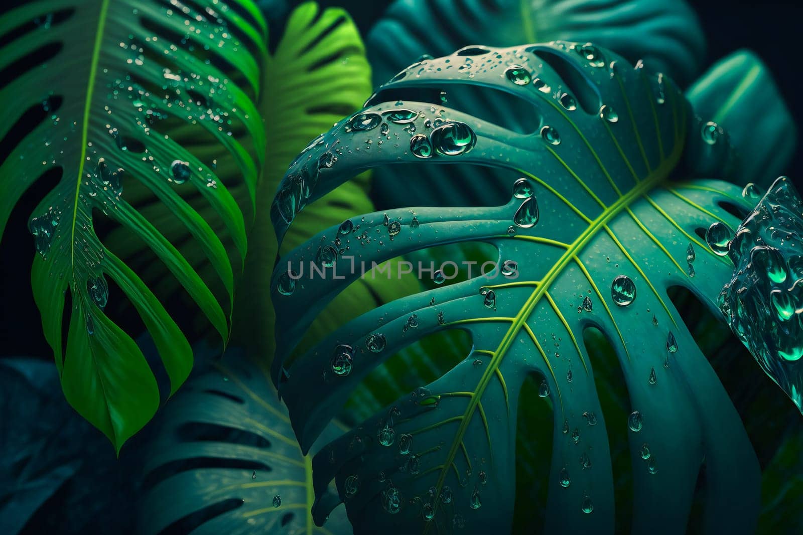 Tropical Rainforest Landscape background. Tropical jungle palms. Generative AI .
