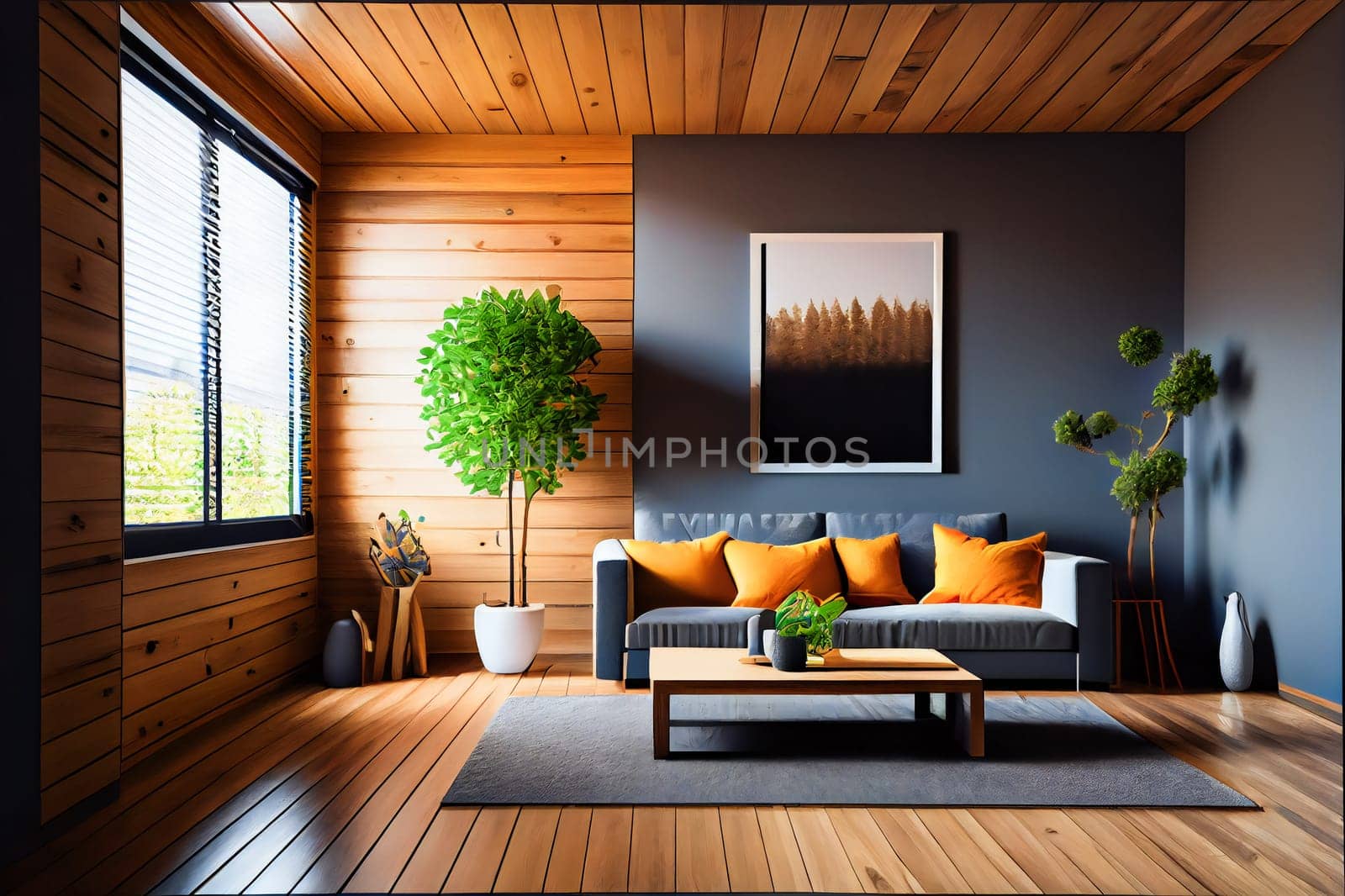 Wooden modern interior style. Generative AI.