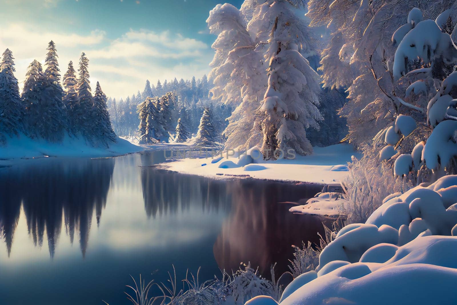 Winter wonderland with snowy trees and mountains.  Generative AI.