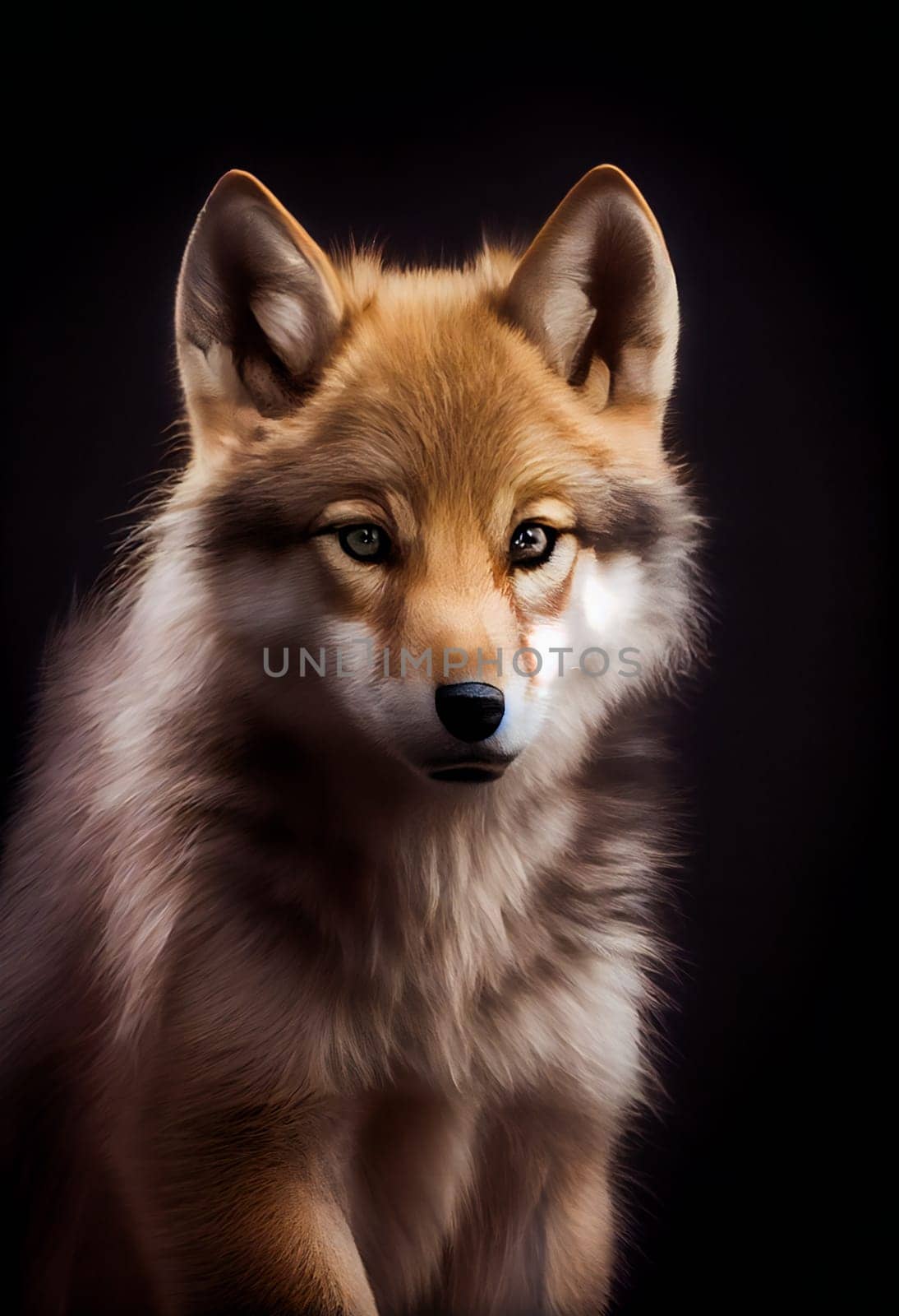 Wolf puppy with a black background. Generative AI.