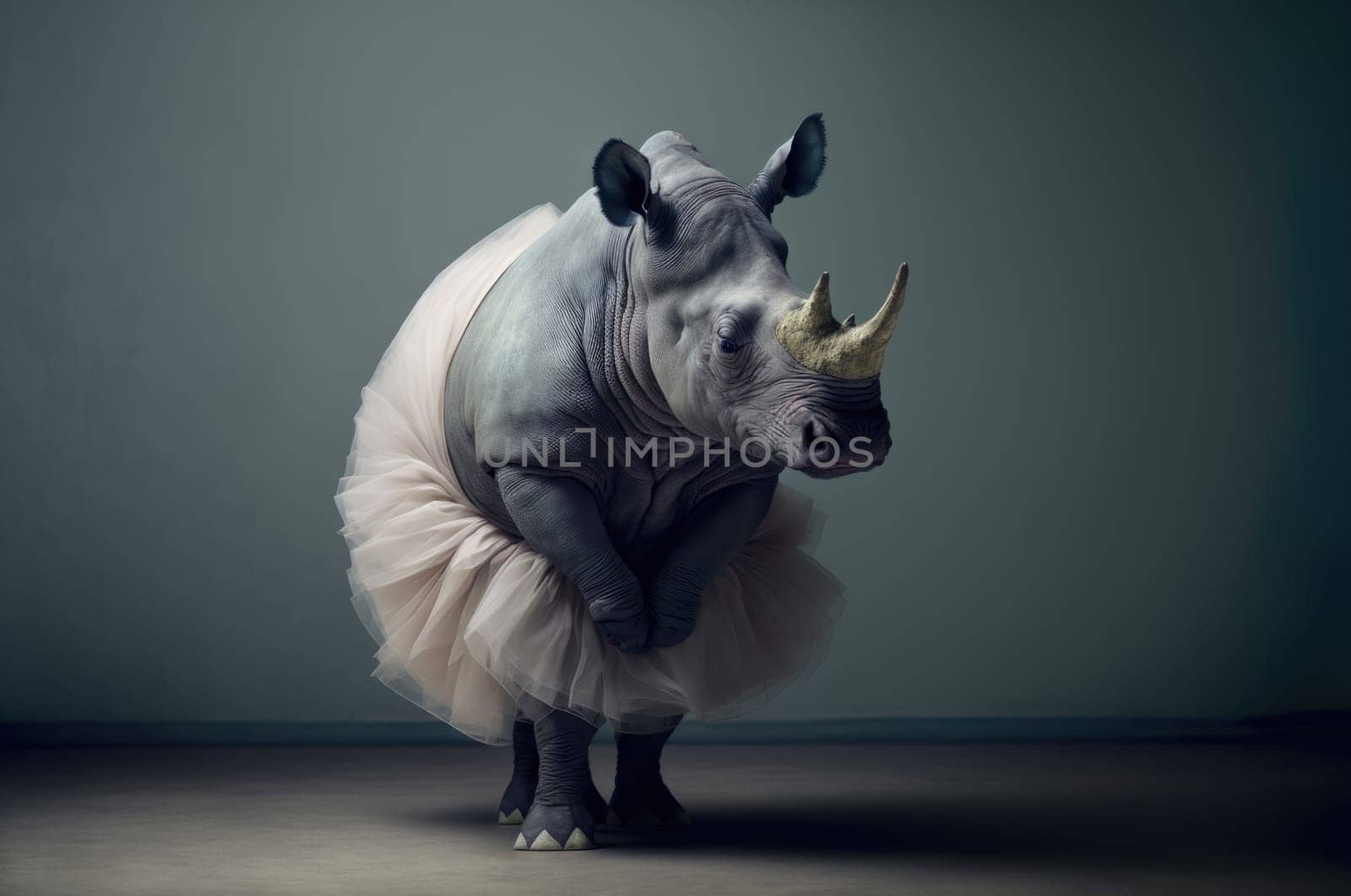 Rhinoceros wearing a ballet tutu costume. Generative AI