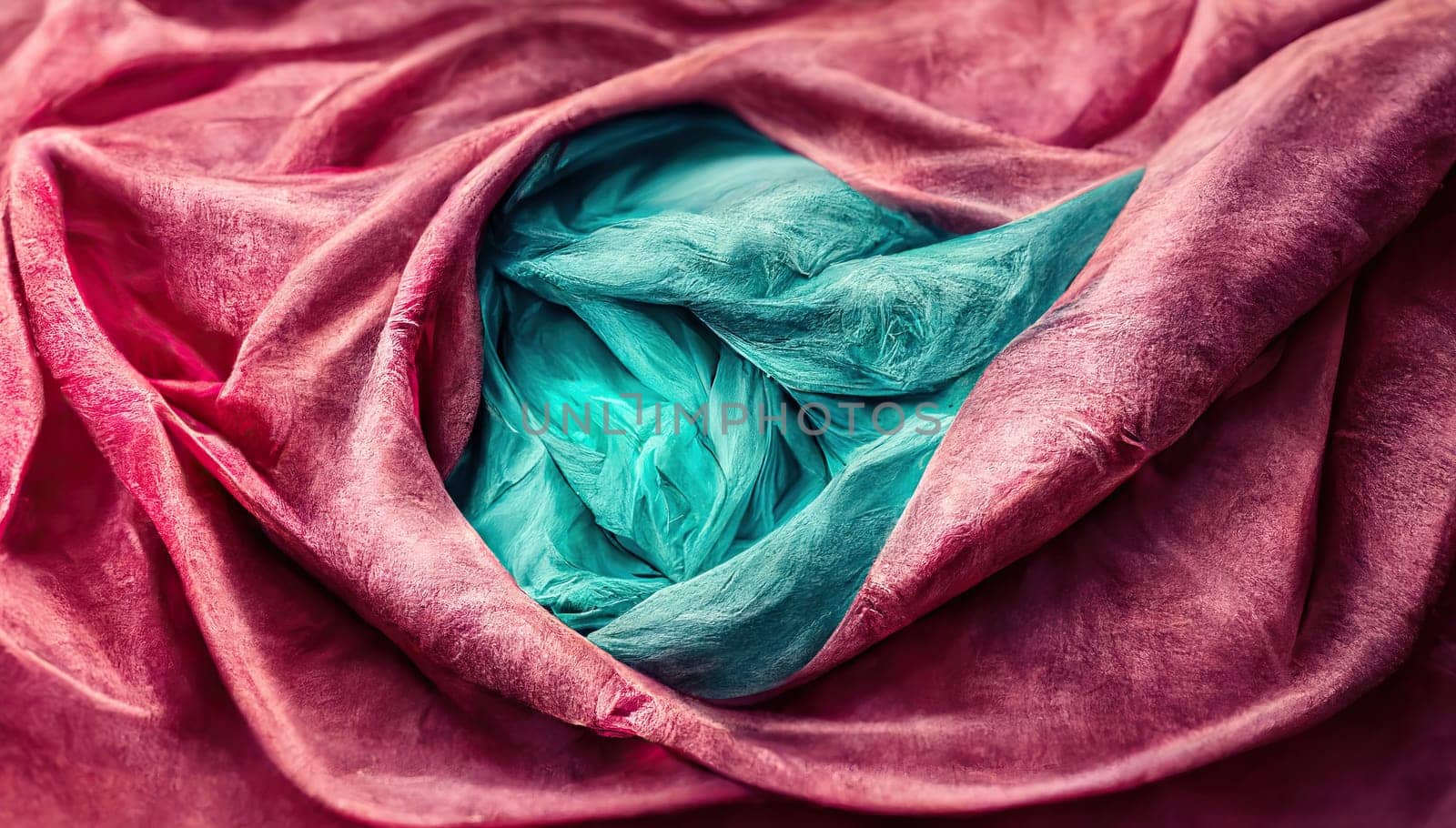 Floating pink and turquoise fabric background texture. Generative AI