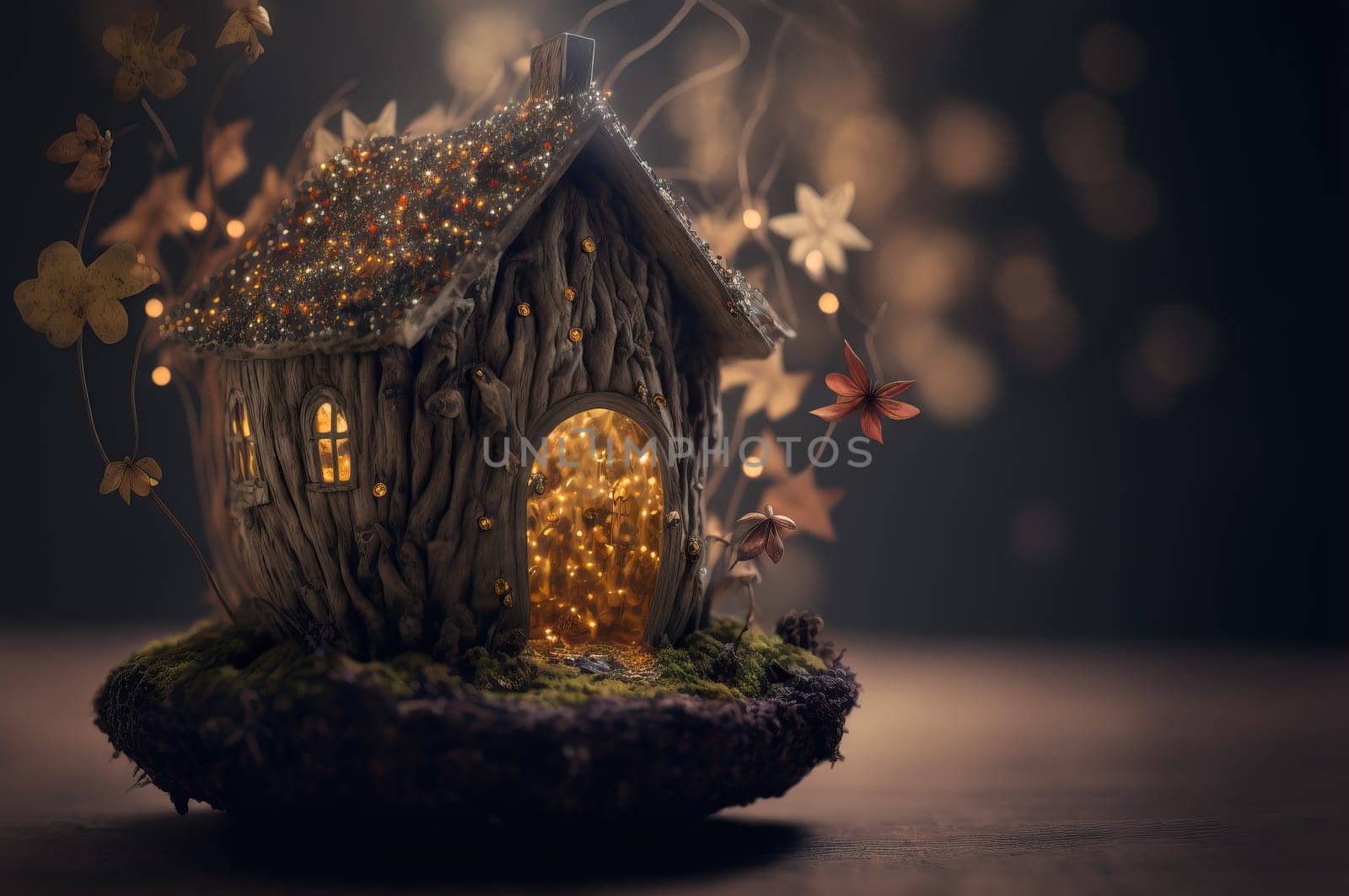 Tiny fairy house in the woods, glowing from the inside. Generative AI