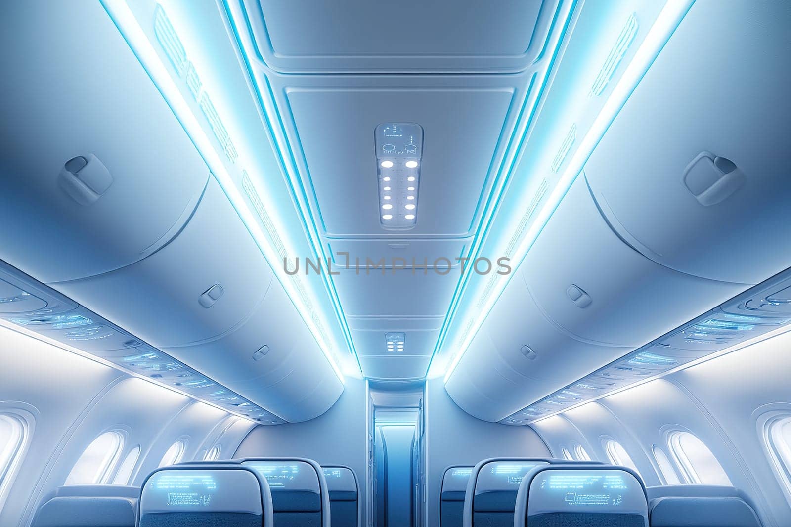 The interior of the aircraft cabin shows off the hand luggage compartments. Modern amenities and comfort during the flight.