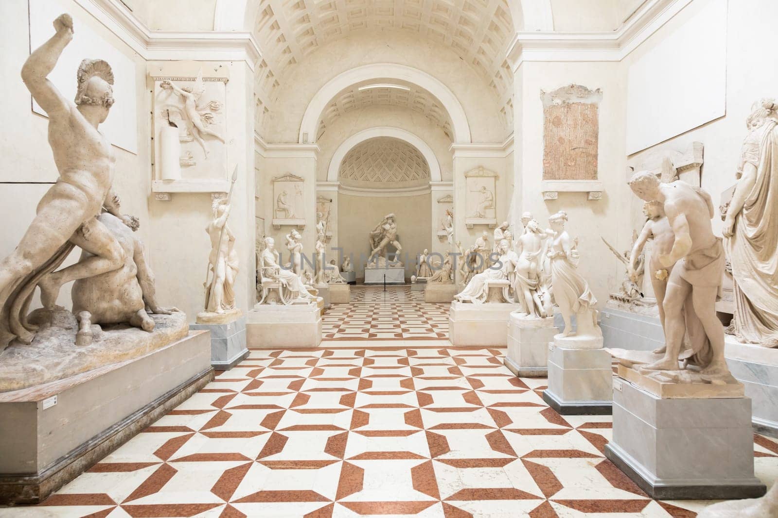 Possagno, Italy - June 2022: Antonio Canova Museum. Gallery interior with antique collection of statues