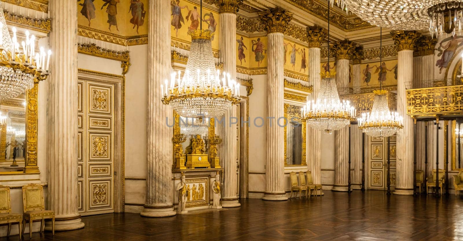 Turin, Italy - Circa January 2022: romantic old ballroom interior in Royal Palace, 1842