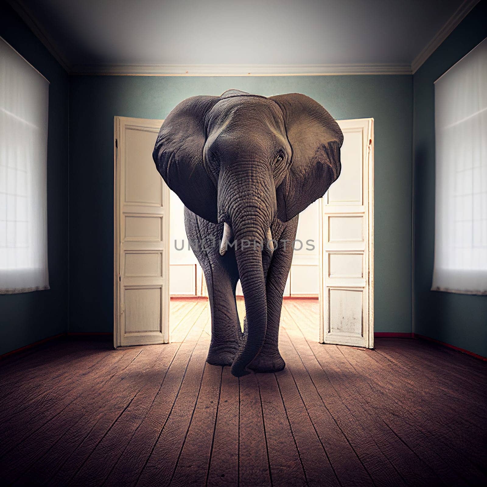 Big elephant standing in an empty room, animal concept, metaphorical idiom for important or enormous topic, illustration, generative ai