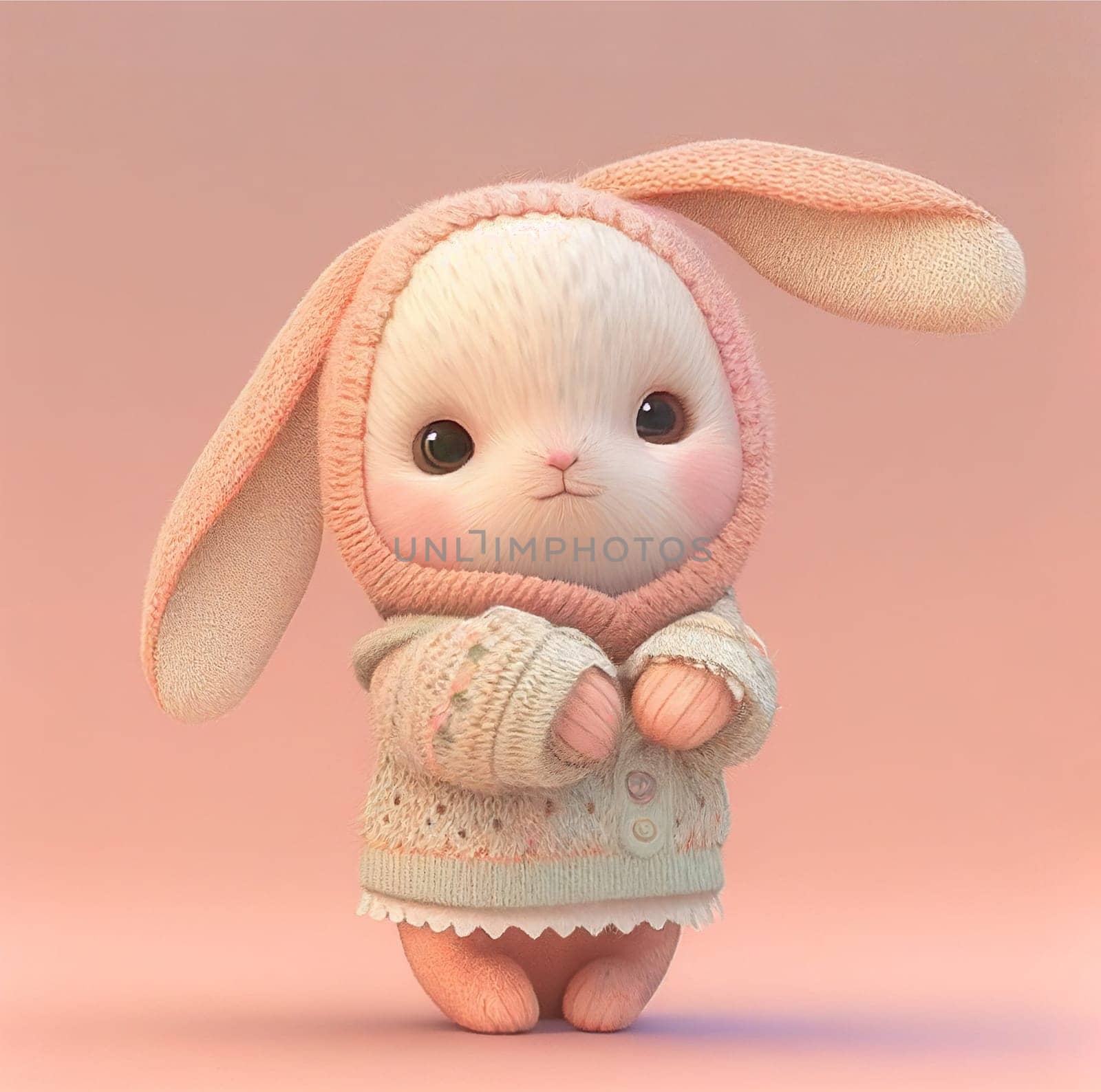 Cute easter bunny or rabbit with clothes, pastel color, spring holiday greeting card, fairy tale character, love and emotion, generative AI