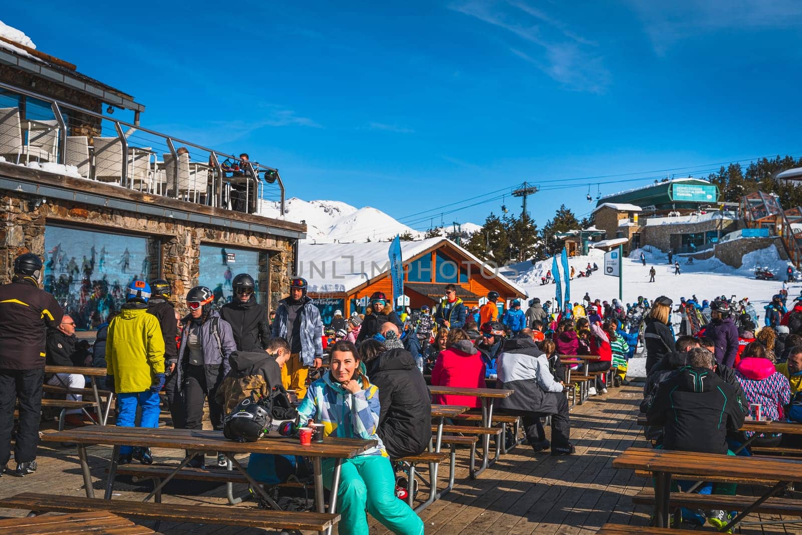 El Tarter, Andorra, Jan 2020 Bars and Restaurants on the ski slope, people relaxing and enjoying winter ski holidays