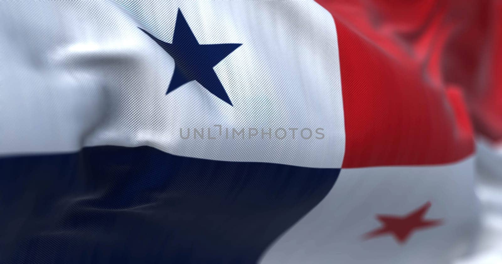 Close-up view of the Panama national flag waving in the wind. The Republic of Panama is a State of Central America. Rippled fabric. Textured background. Selective focus. Realistic 3d illustration