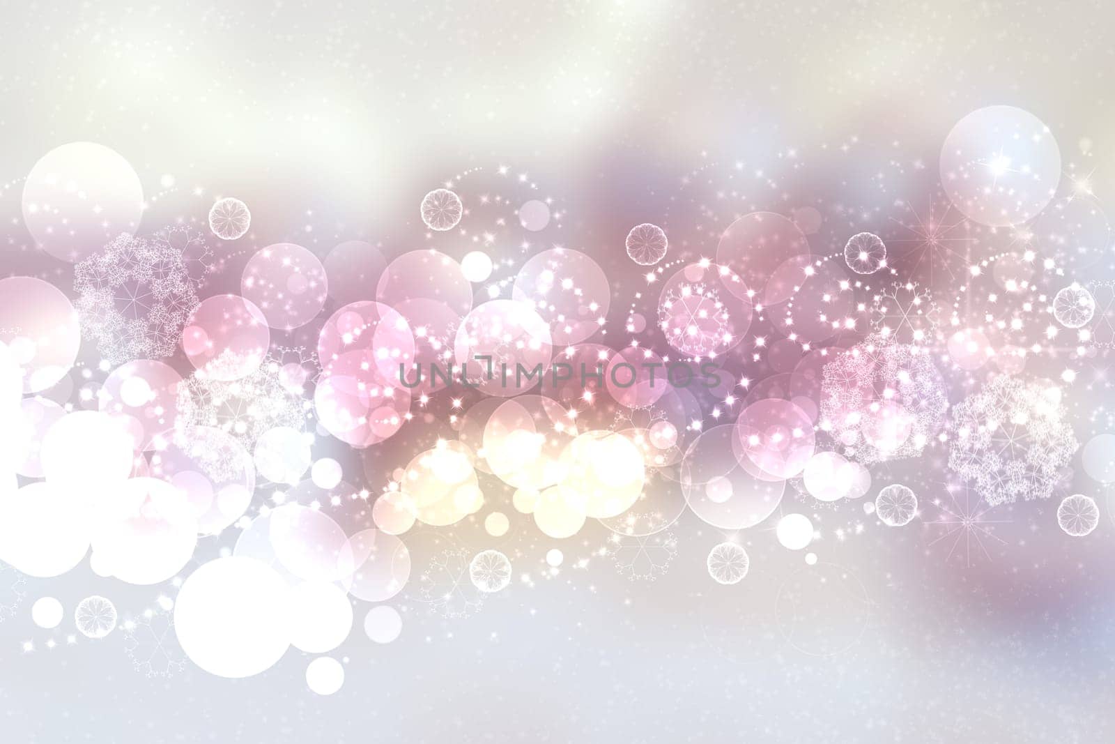Abstract blurred festive delicate winter christmas or Happy New Year background with shiny blue pink and white bokeh lighted stars. Space for your design. Card concept.