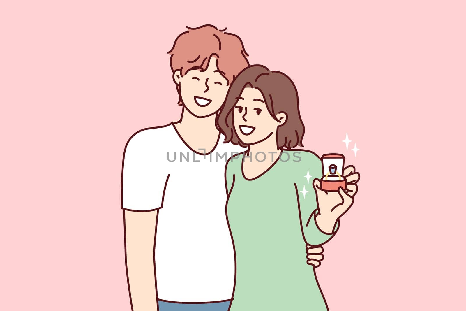 Young couple of man and woman stand in embrace and look at camera showing box with wedding ring. Bride and groom in casual clothes after proposal for joint family life. Flat vector illustration
