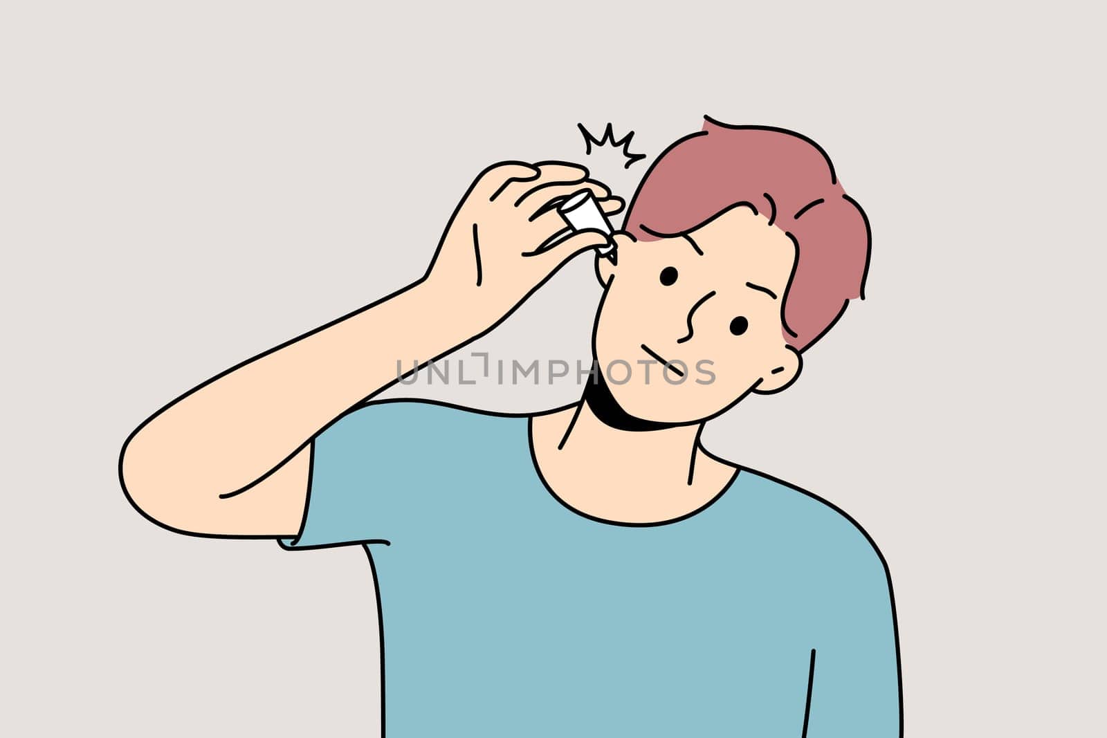 Unhealthy young man use eardrops suffer from infection. Unwell sick guy get medication for inflamed ear. Healthcare and medicine. Vector illustration.