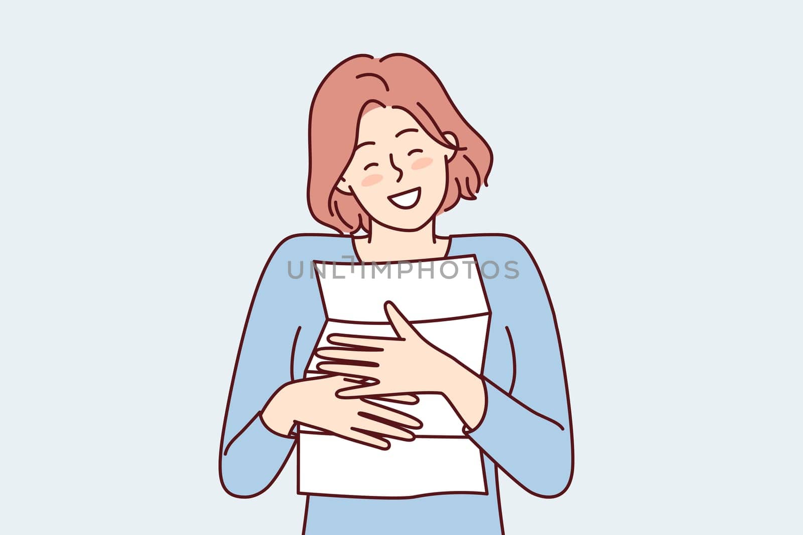 Happy woman clutches to chest paper letter from boyfriend or family rejoicing at information received. Girl hugging document about career advancement or salary increase. Flat vector illustration