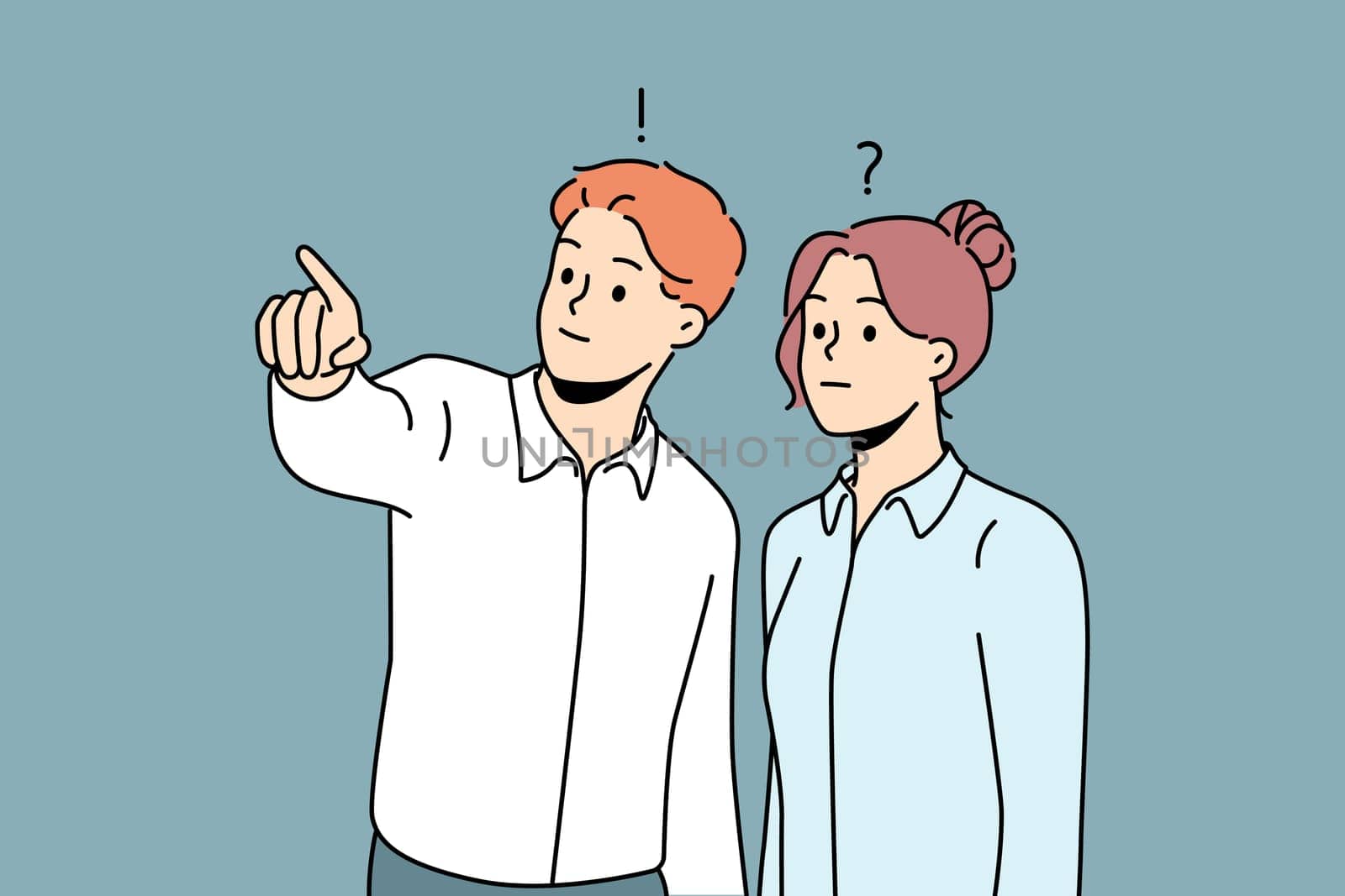 Young male employee help confused coworker with problem solution. Man worker brainstorm lead frustrated woman colleague with trouble. Vector illustration.
