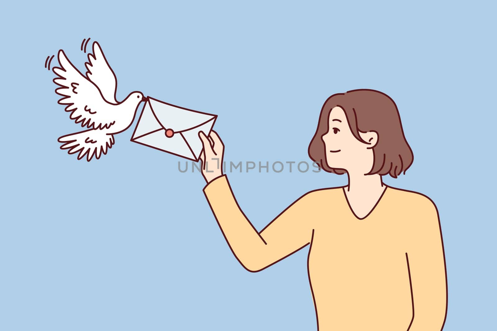 Smiling woman holds out envelope to pigeon to deliver message to boyfriend or friends. Optimistic caucasian girl uses deep mail trusting bird important letter. Flat vector illustration