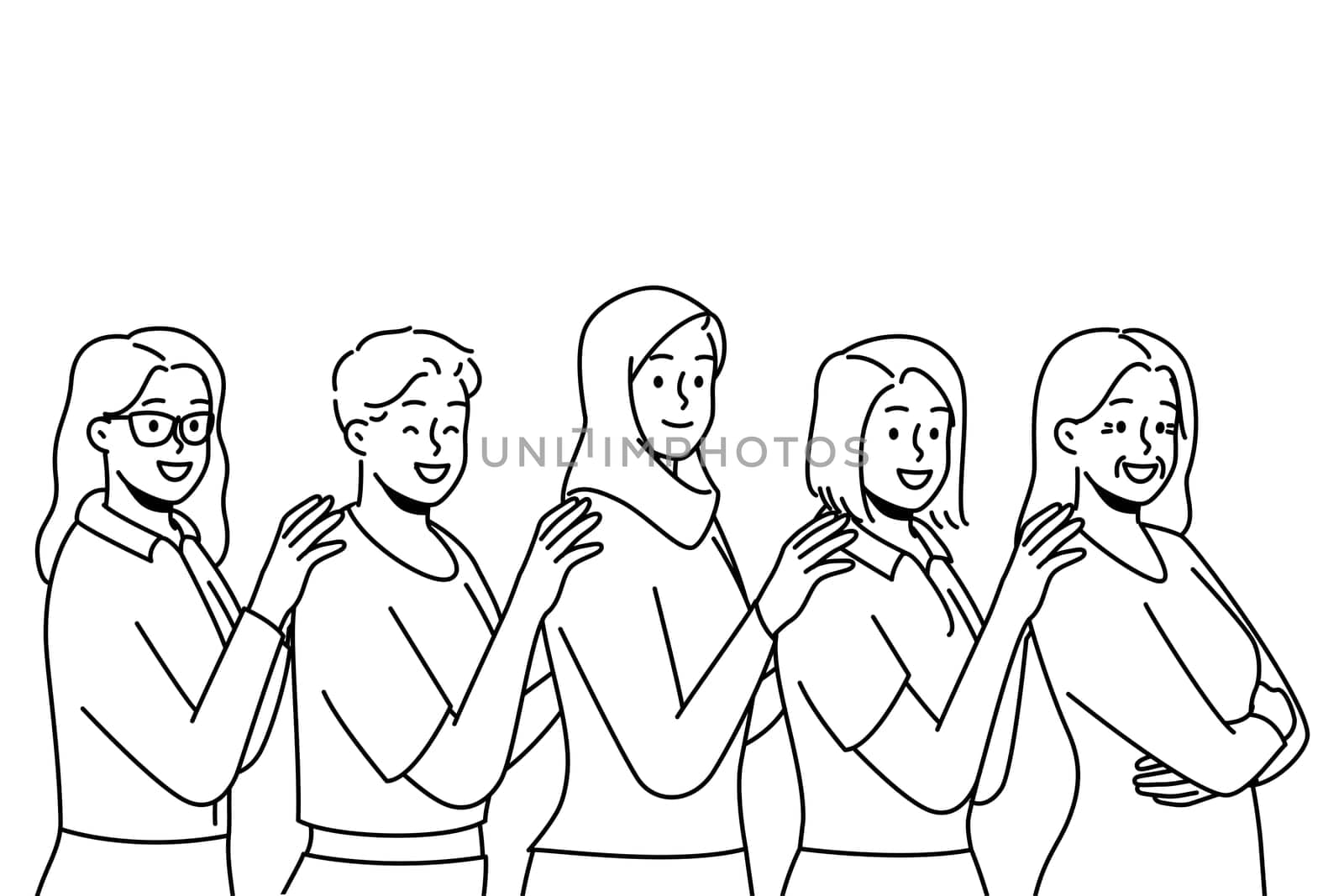 Group of smiling multiracial women stand together showing unity and support. Happy interracial multiethnic females demonstrate togetherness. Vector illustration.